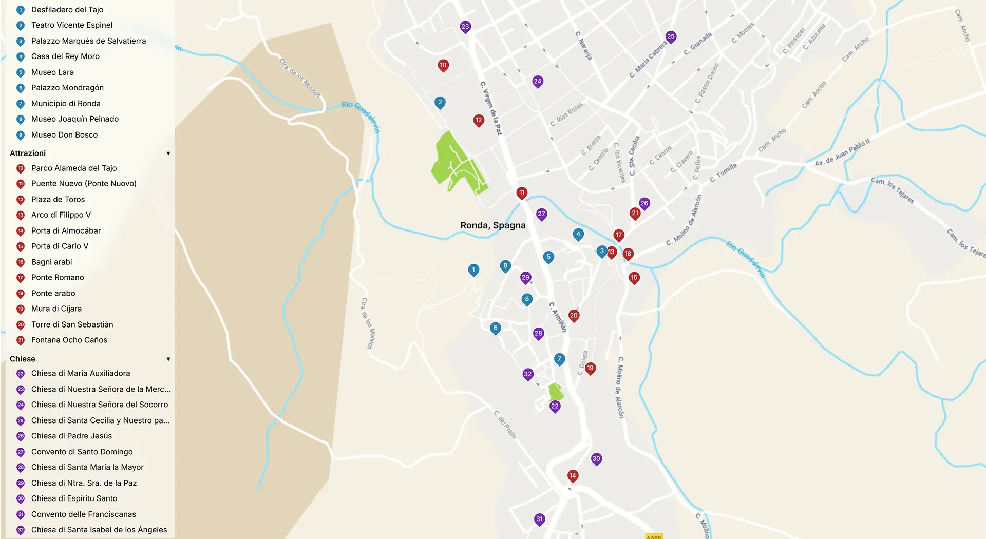 Mappa della città di Ronda con i monumenti segnalati